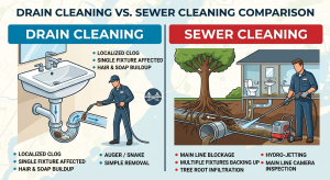 What Is the Difference Between Drain Cleaning and Sewer Cleaning in Staten Island? 3 Comparison infographic showing drain cleaning vs sewer cleaning in Staten Island