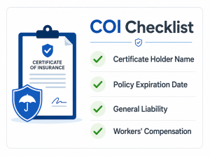 How to Choose a Reliable Plumber in Staten Island, NY 3 Clean COI checklist graphic showing a certificate of insurance with checkmarks for certificate holder name, policy expiration date, general liability, and workers’ compensation.