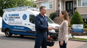How to Choose a Reliable Plumber in Staten Island, NY 6 Friendly licensed plumber shaking hands with a homeowner after completing a residential plumbing job, creating a trustworthy final impression for Staten Island customers.