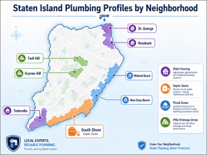 How to Choose a Reliable Plumber in Staten Island, NY 1 Map graphic of Staten Island highlighting plumbing profiles by neighborhood, including older housing areas, South Shore septic zones, coastal flood zones, and hilly drainage areas.