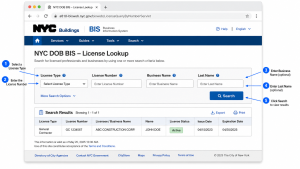 How to Choose a Reliable Plumber in Staten Island, NY 2 Screenshot-style mockup of the NYC DOB BIS license lookup page with callout arrows highlighting the license type, license number, business name, last name, and search button fields.