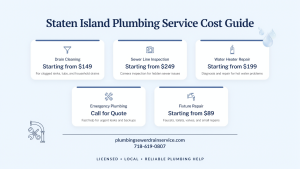 How to Choose a Reliable Plumber in Staten Island, NY 4 Pinterest-style plumbing pricing infographic showing estimated costs for drain cleaning, sewer inspection, water heater repair, emergency plumbing, and fixture repair in Staten Island.